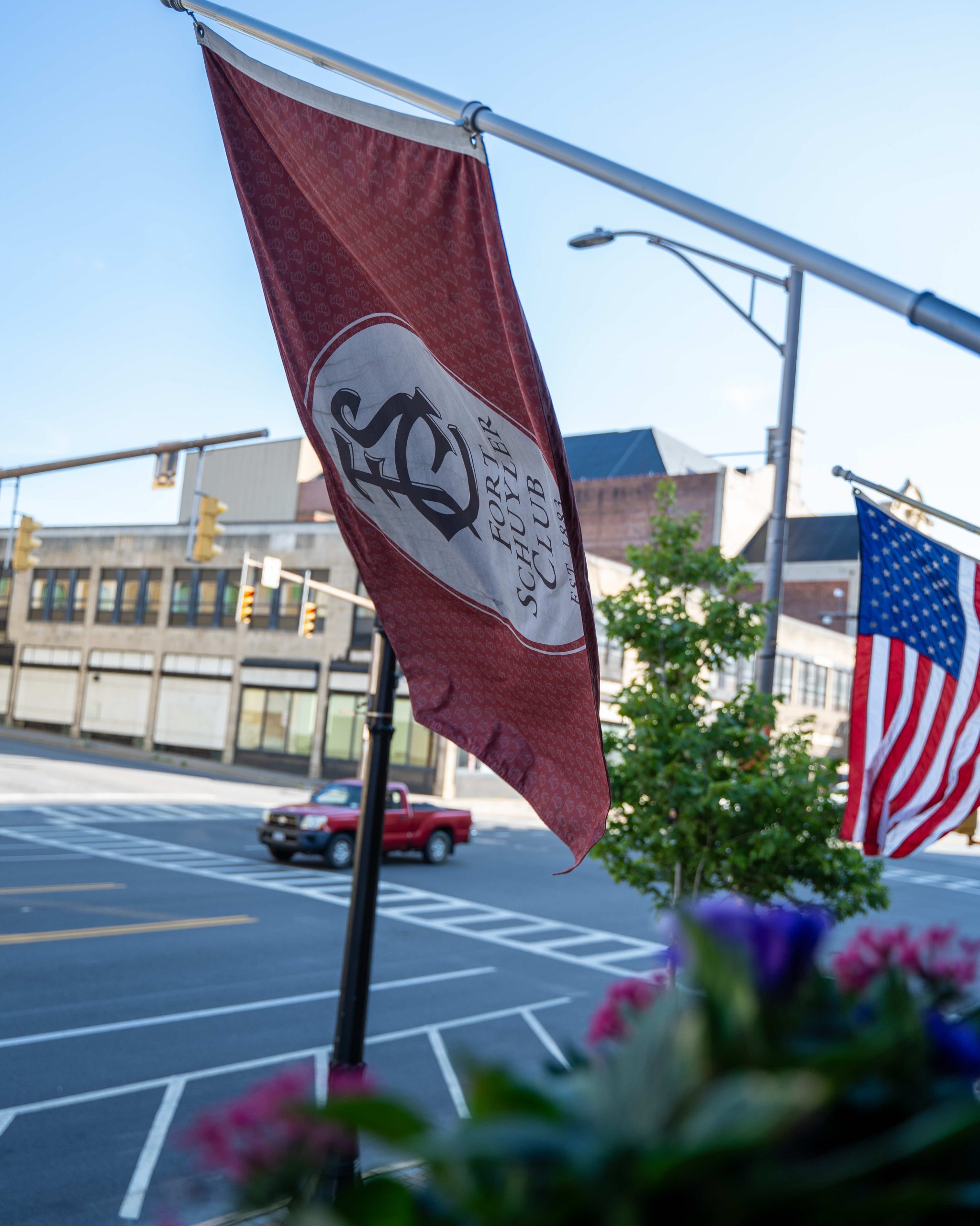 Flag outside the restaurant.